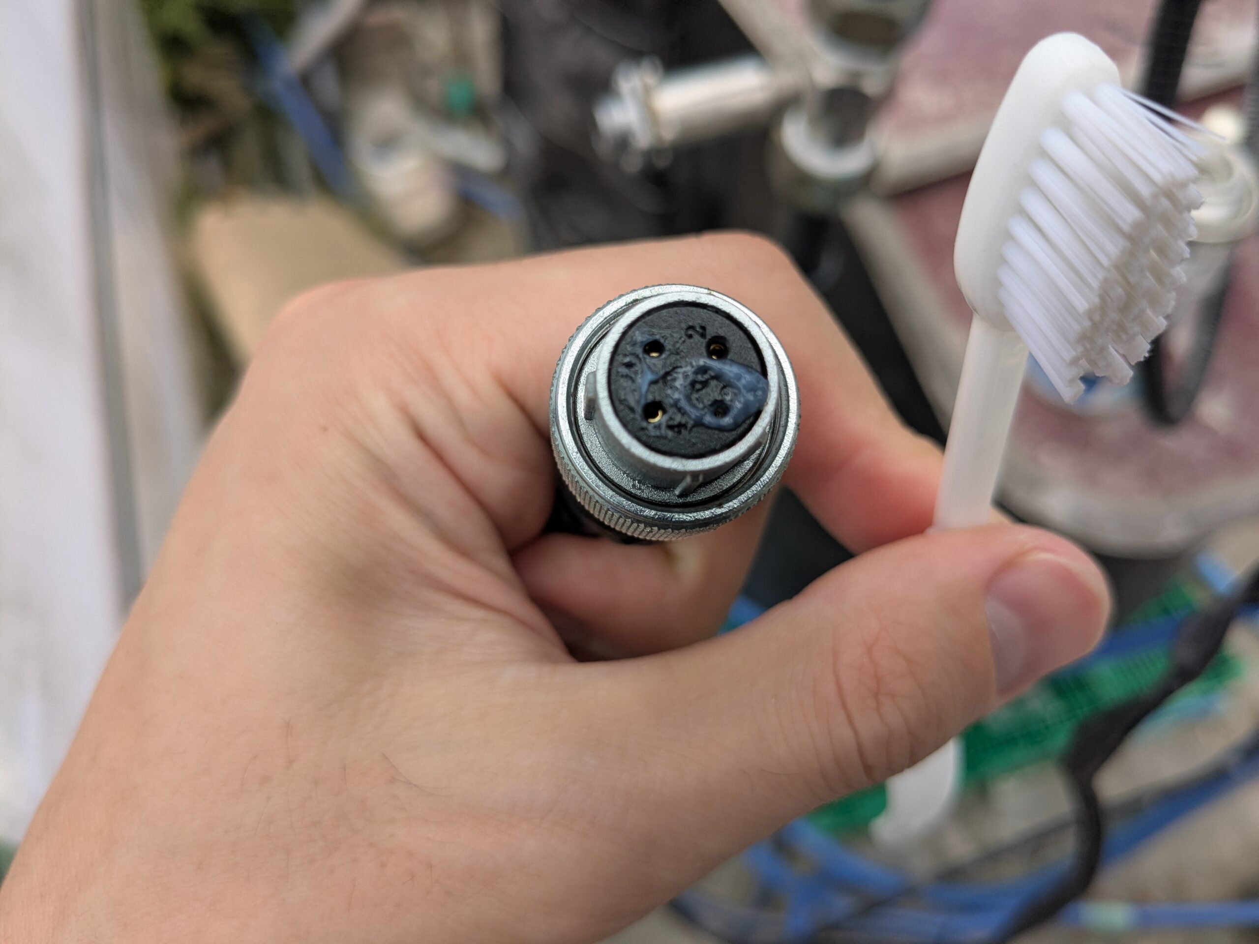 ケーブル側コネクタの受け口に、白い防湿グリースが乗った状態。歯ブラシで塗り込んでいるところ